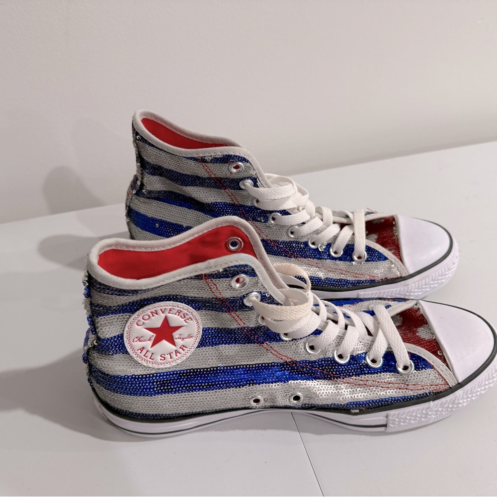 Converse Red, Blue, and White Sequin High-Top Sneakers
